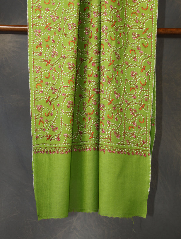 Green Base Jali Sozni Embroidery Merino Wool Scarf