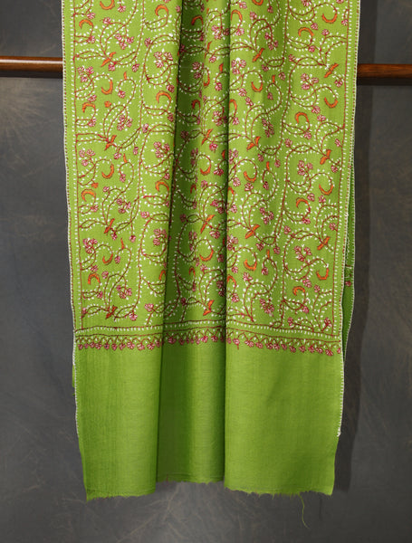 Green Base Jali Sozni Embroidery Merino Wool Scarf