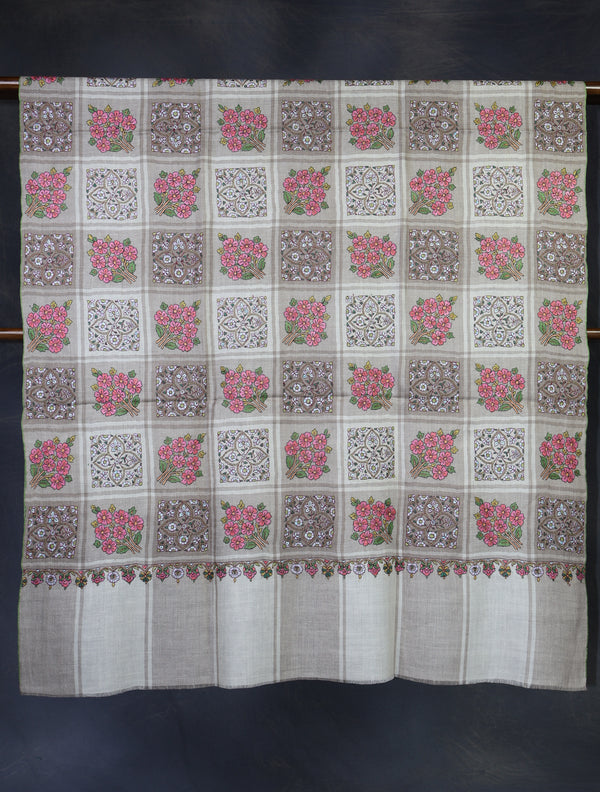 Ivory and Brown Check Base Boteh Embroidery Pashmina Shawl