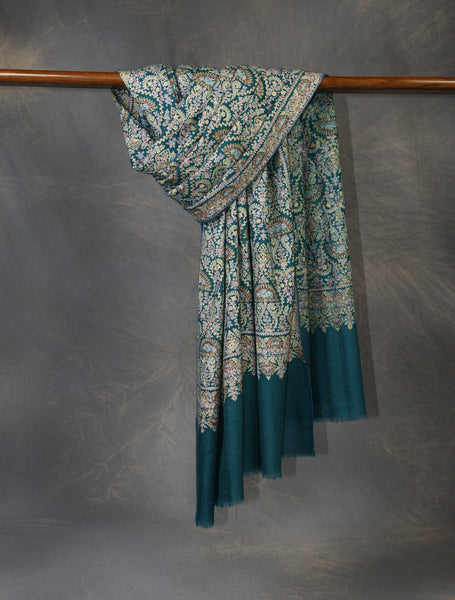 Turquoise Green Jamawar Embroidery Pashmina Shawl