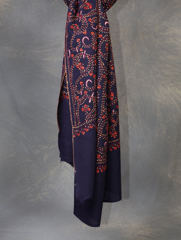 Navy Blue Base Jali Sozni Embroidery Merino Wool Scarf