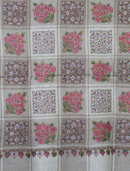 Ivory and Brown Check Base Boteh Embroidery Pashmina Shawl