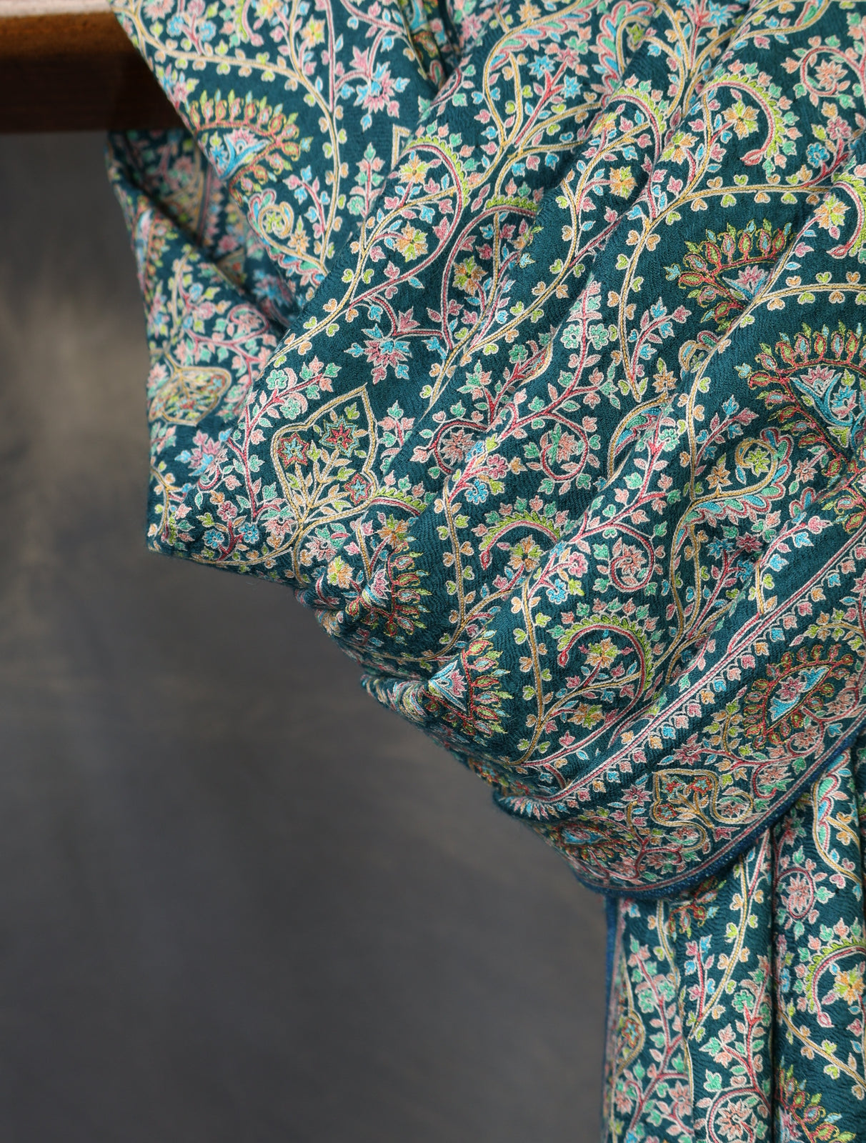 Turquoise Green Jamawar Embroidery Pashmina Shawl