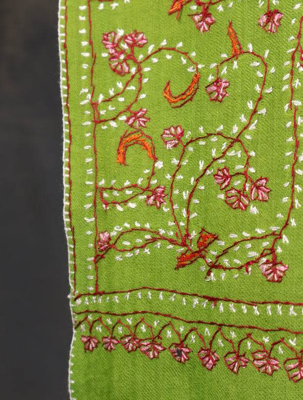 Green Base Jali Sozni Embroidery Merino Wool Scarf