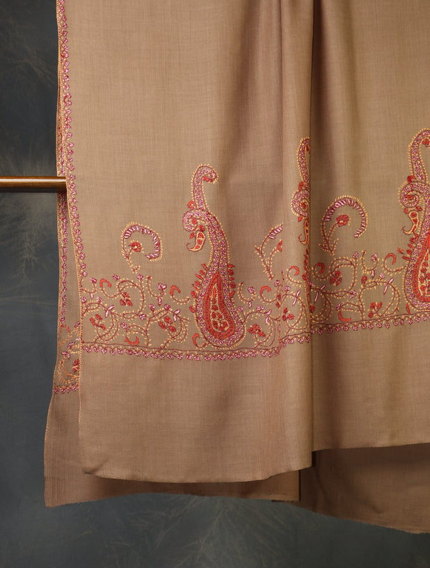 Natural Base Border Emboidery Merino wool Shawl