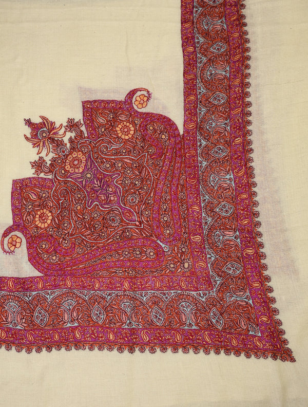 Ivory Base with Pink Embroidery Pashmina Mussar