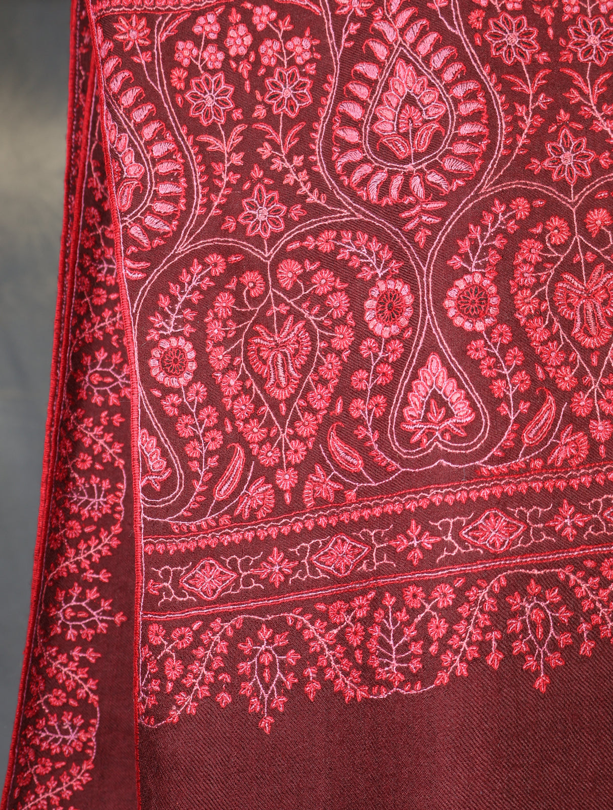 Maroon Big Border Embroidery Cashmere Pashmina Shawl