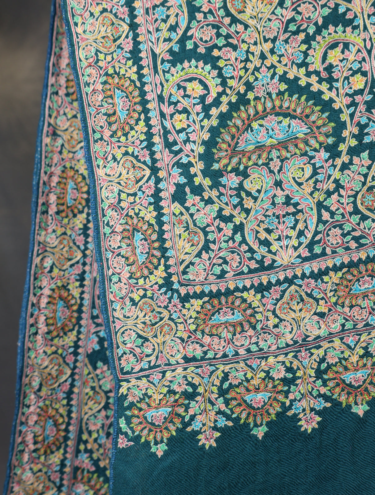 Turquoise Green Jamawar Embroidery Pashmina Shawl