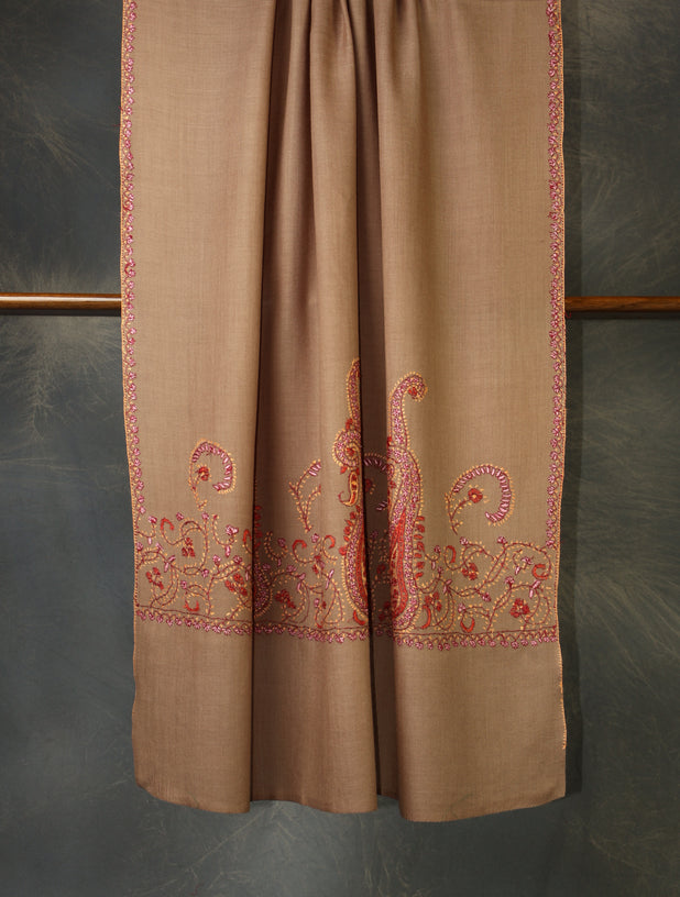 Natural Base Border Emboidery Merino wool Shawl