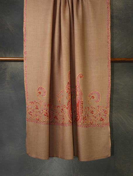 Natural Base Border Emboidery Merino wool Shawl