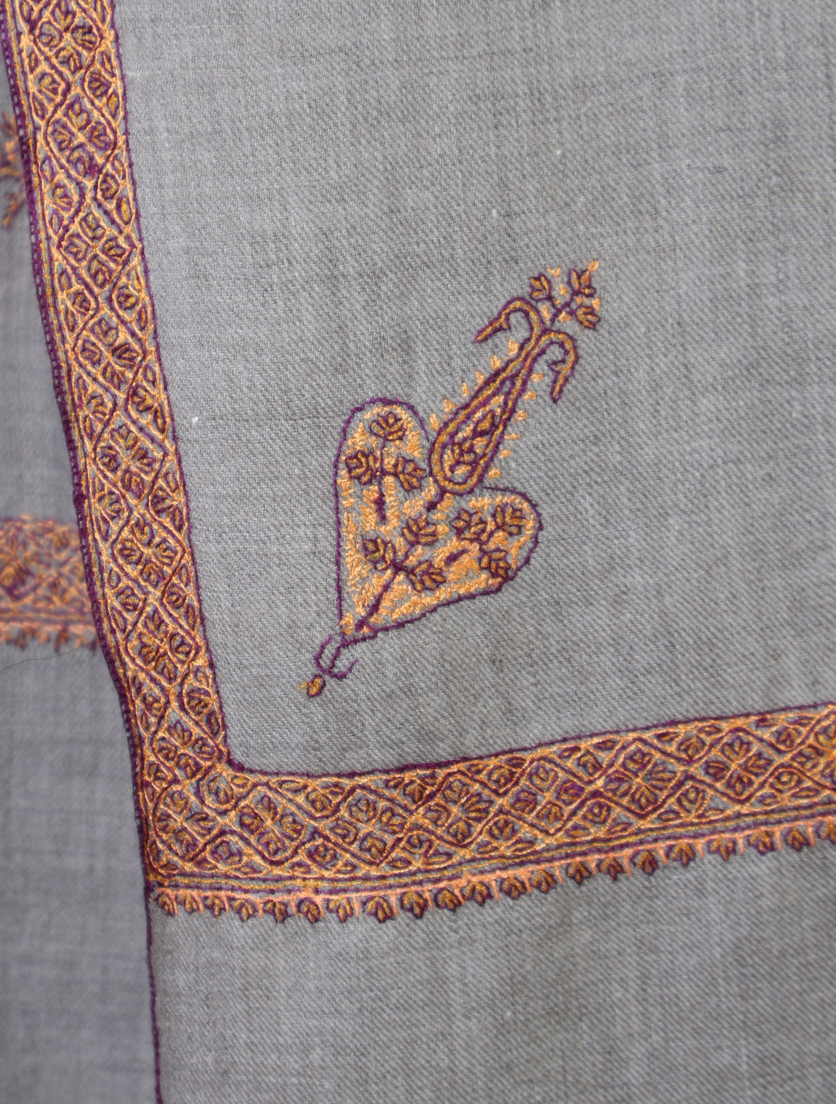 Natural Base Orange Border Embroidery Cashmere Pashmina Shawl
