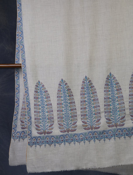 Ivory With Blue Border Embroidery Cashmere Pashmina Shawl