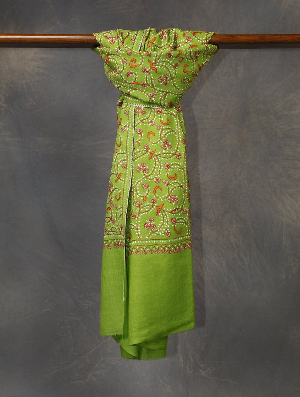 Green Base Jali Sozni Embroidery Merino Wool Scarf