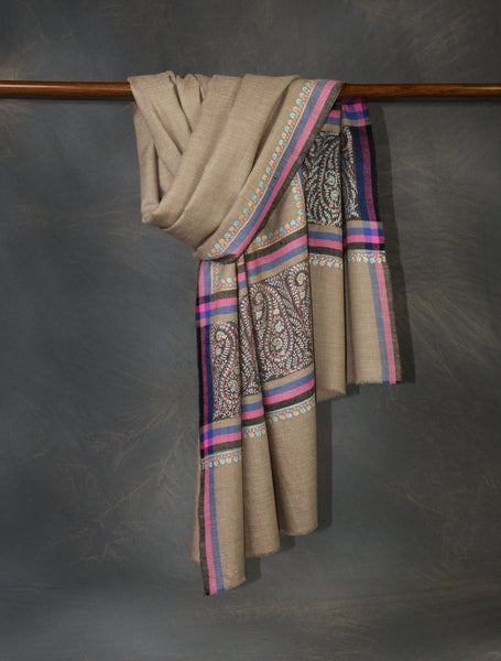 Natural Base Border Embroidery Cashmere Pashmina Shawl