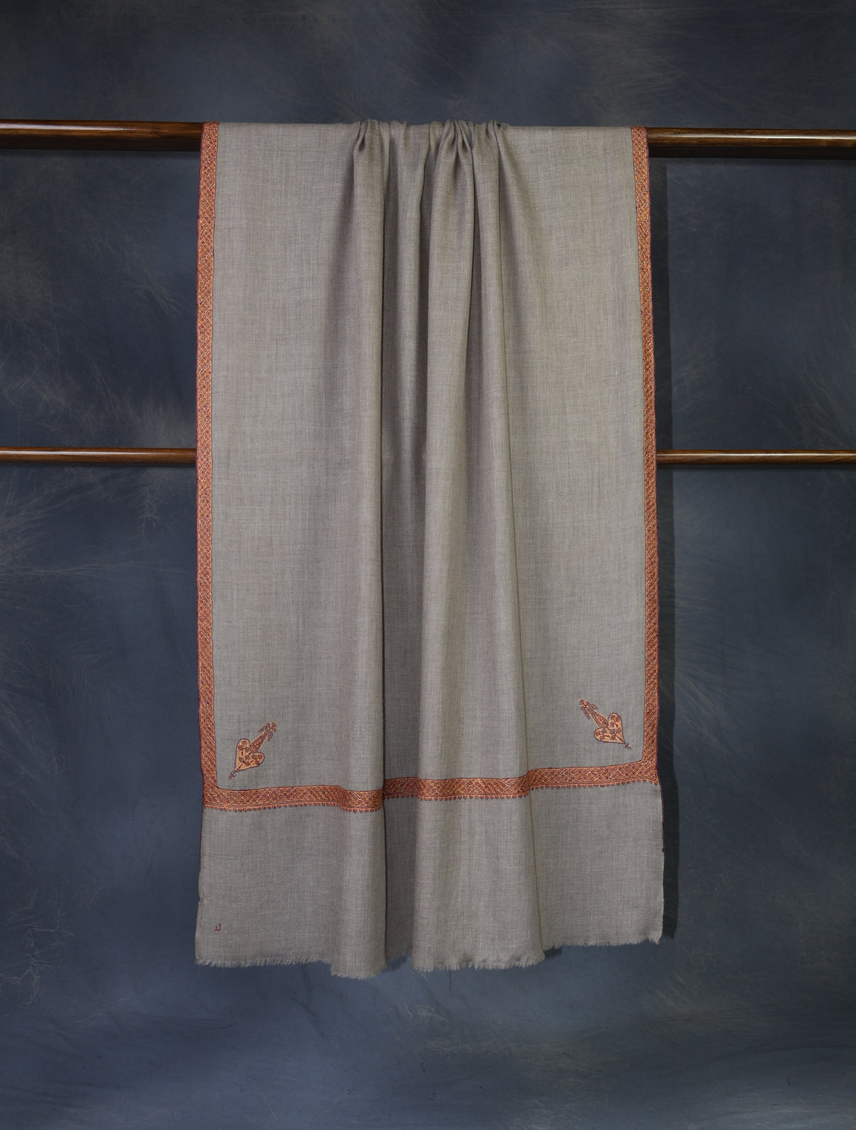 Natural Base Orange Border Embroidery Cashmere Pashmina Shawl