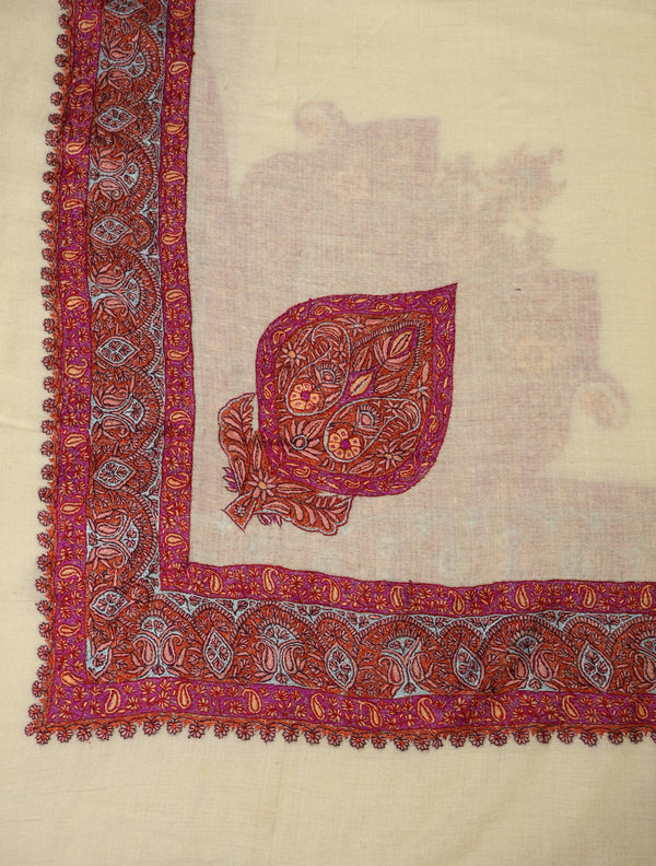 Ivory Base with Pink Embroidery Pashmina Mussar – detail view