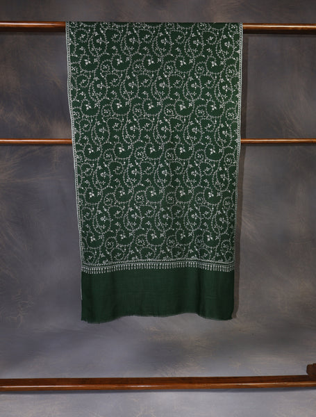 Bottle Green Jali Embroidery Cashmere Pashmina Scarf