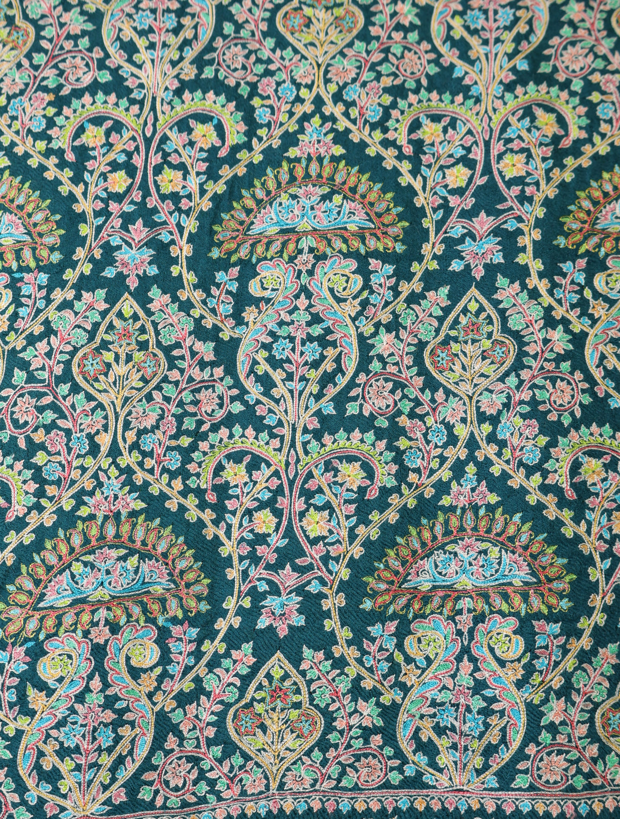 Turquoise Green Jamawar Embroidery Pashmina Shawl