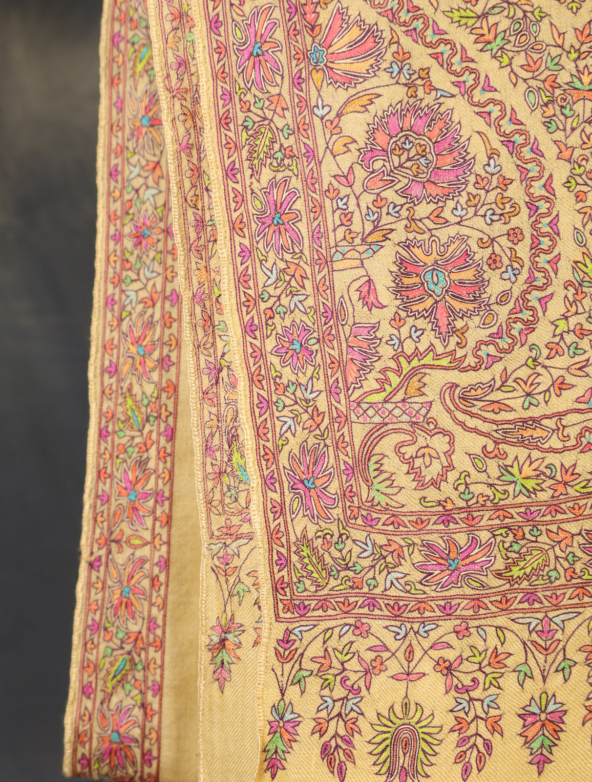 Yellow Beige Base Big Border Embroidery Cashmere Pashmina Shawl