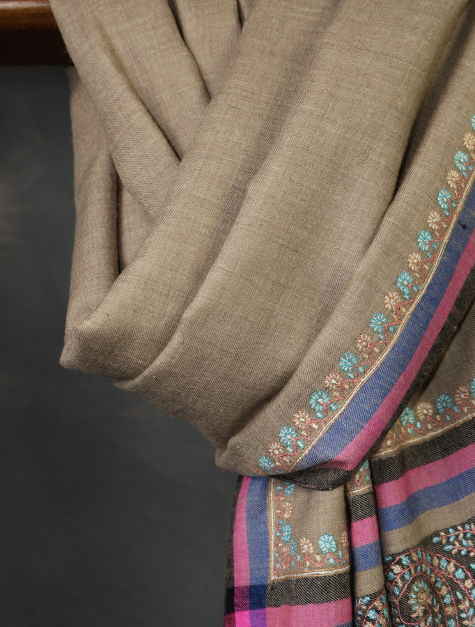 Natural Base Border Embroidery Cashmere Pashmina Shawl