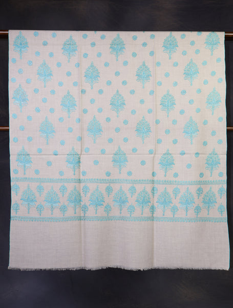 Ivory Base Green Boteh Embroidery Pashmina Shawl