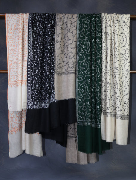 Bottle Green Base with whiteJali Embroidery Cashmere Pashmina Shawl