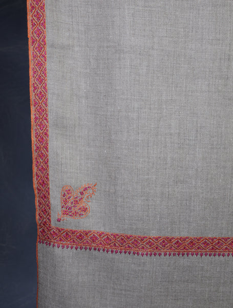 Natural Base Pink Border Embroidery Cashmere Pashmina Shawl