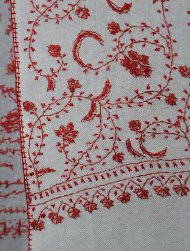 Ivory Base Orange Jali Sozni Embroidery Merino Wool Scarf