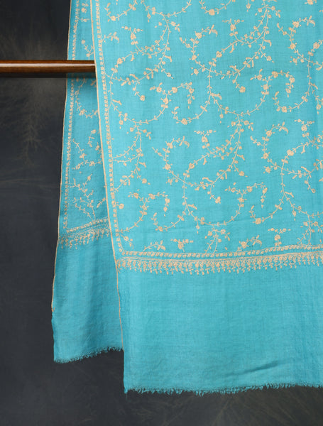 Sky Blue Jali Embroidery Cashmere Pashmina Scarf