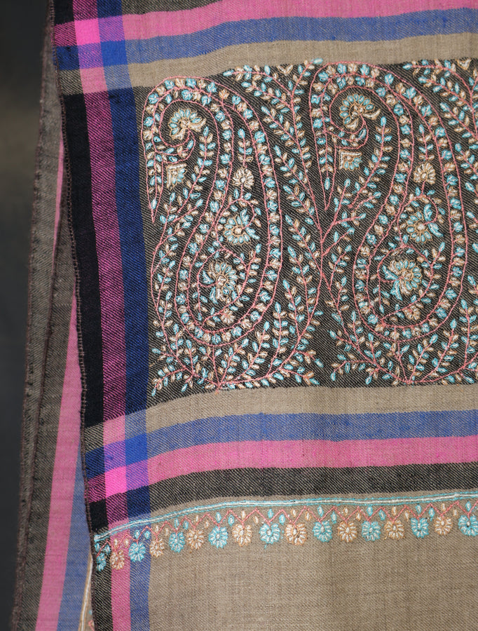 Natural Base Border Embroidery Cashmere Pashmina Shawl
