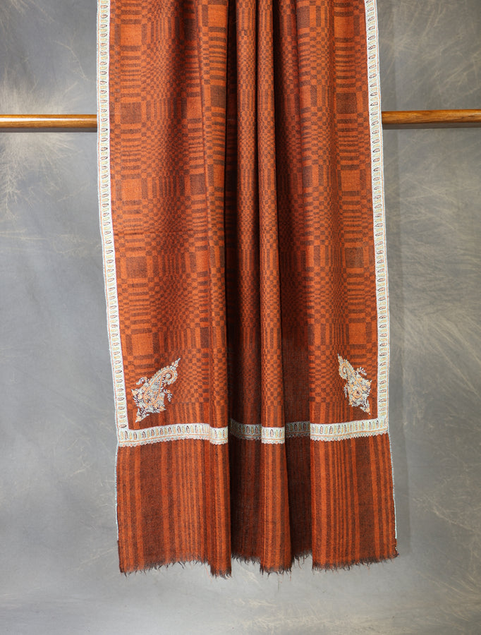 Rust Ikkat Base Small Border Embroidery Cashmere Pashmina Shawl