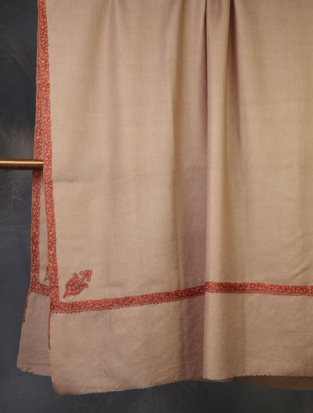 Light Natural Base with Maroon Border Embroidery Merino Shawl