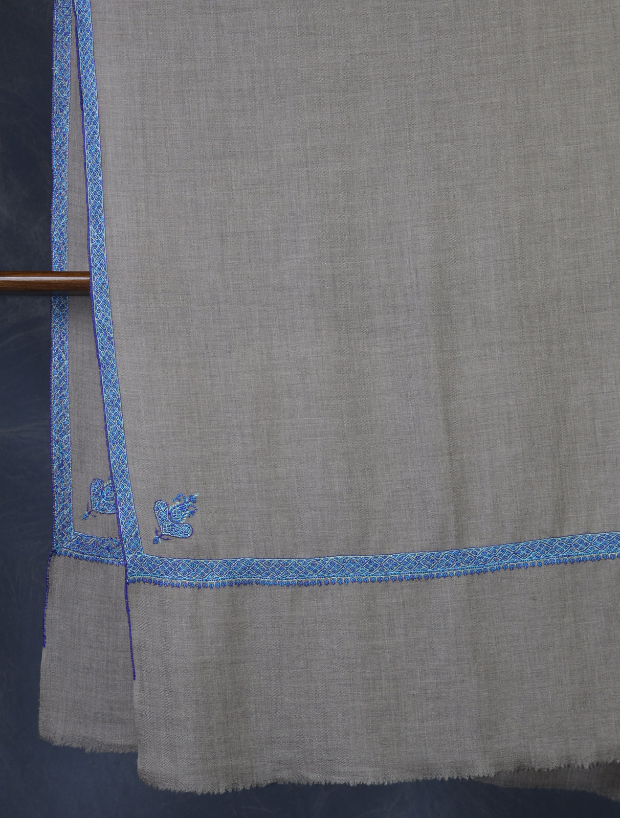 Natural Base Blue Border Embroidery Cashmere Pashmina Shawl