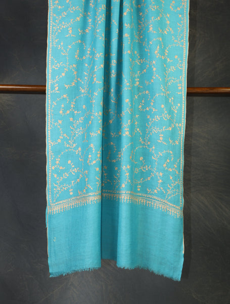 Sky Blue Jali Embroidery Cashmere Pashmina Scarf