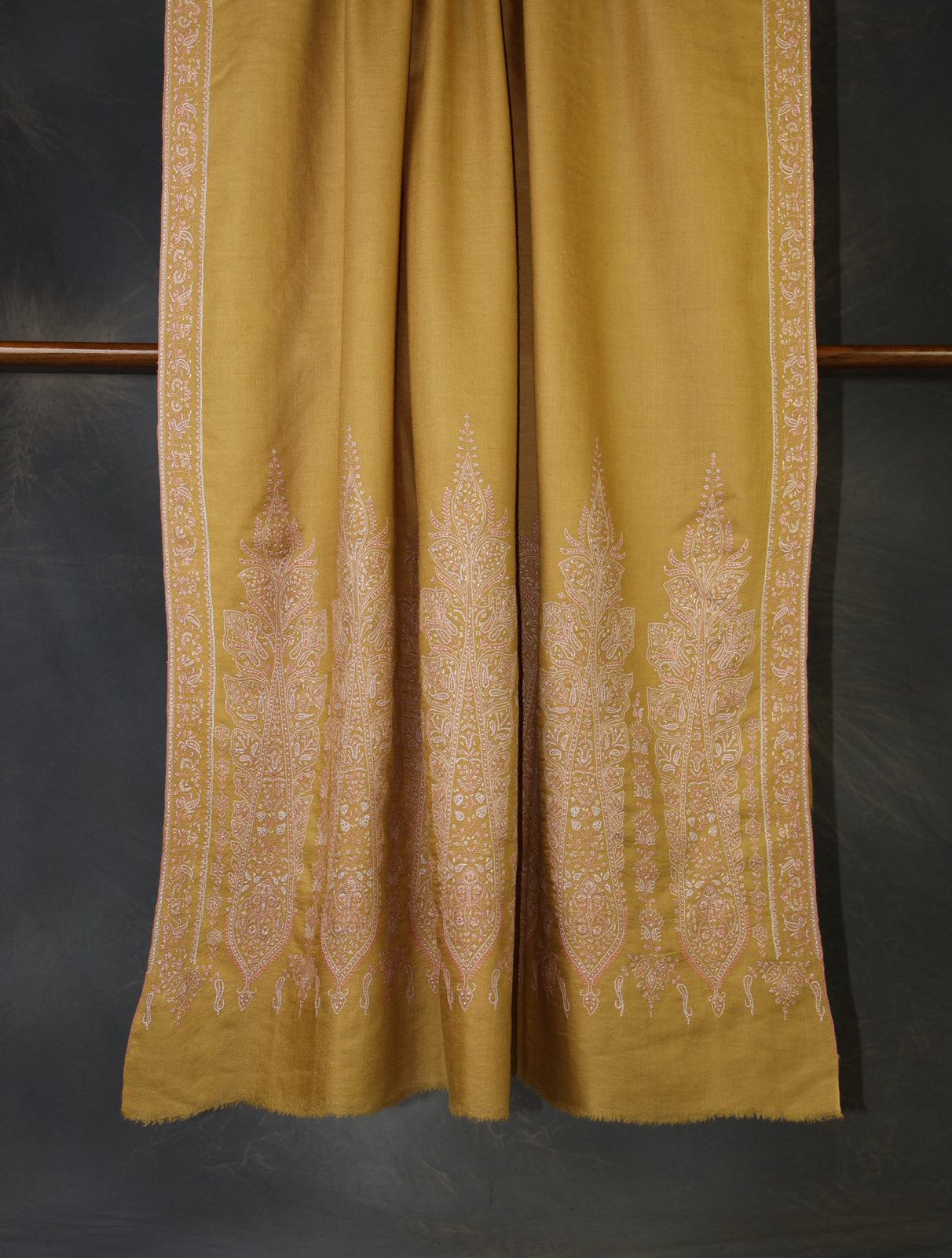 Mustard Big Border Embroidery Cashmere Pashmina Shawl