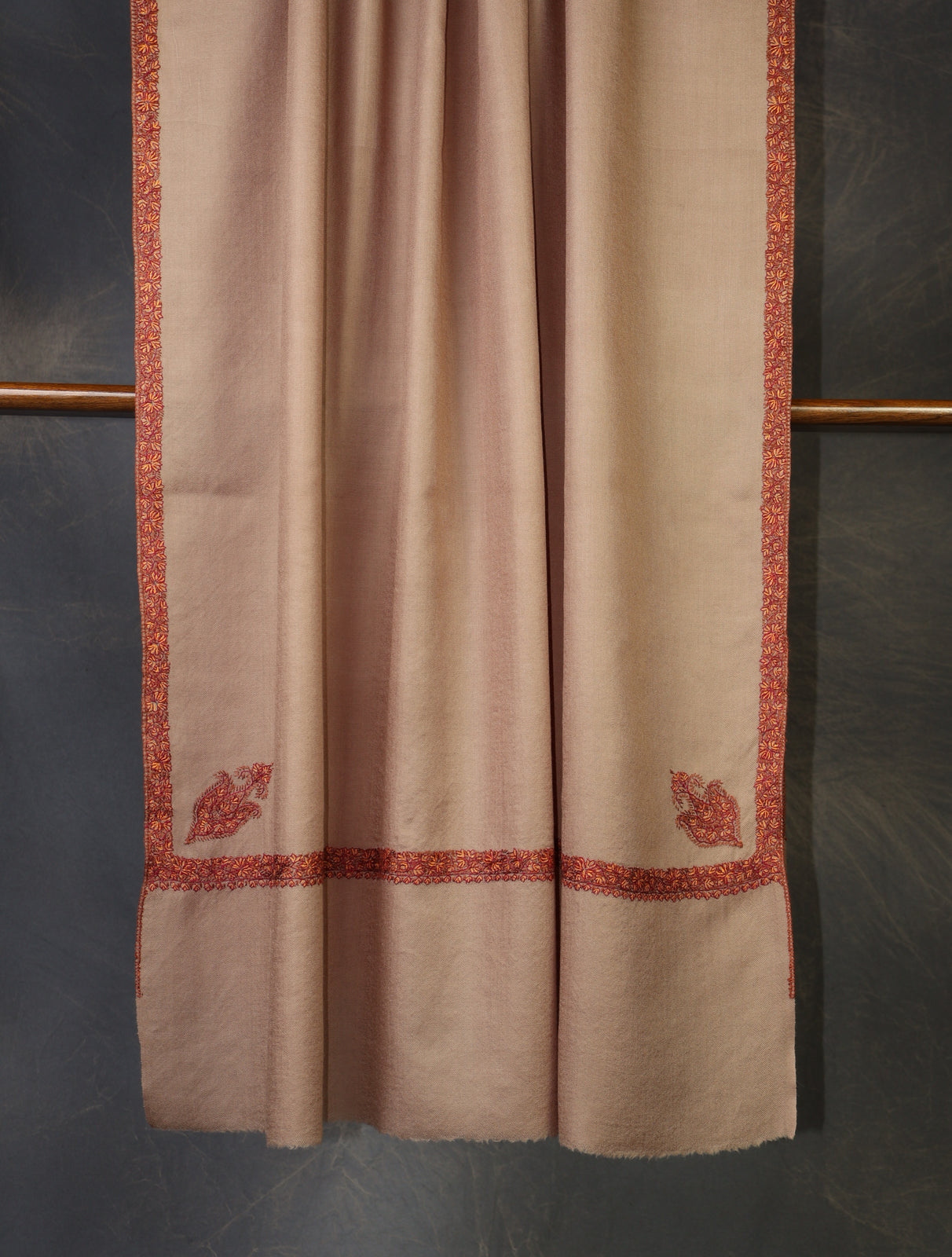 Light Natural Base with Maroon Border Embroidery Merino Shawl