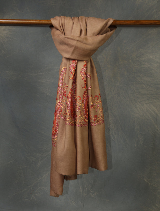 Natural Base Border Emboidery Merino wool Shawl