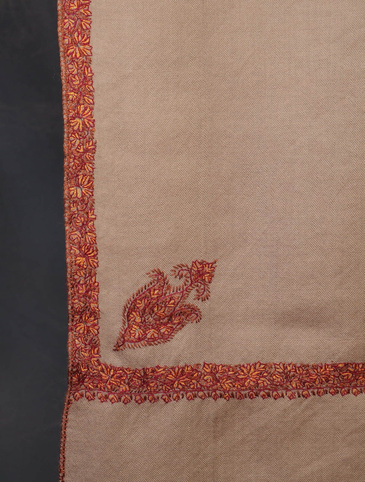 Light Natural Base with Maroon Border Embroidery Merino Shawl