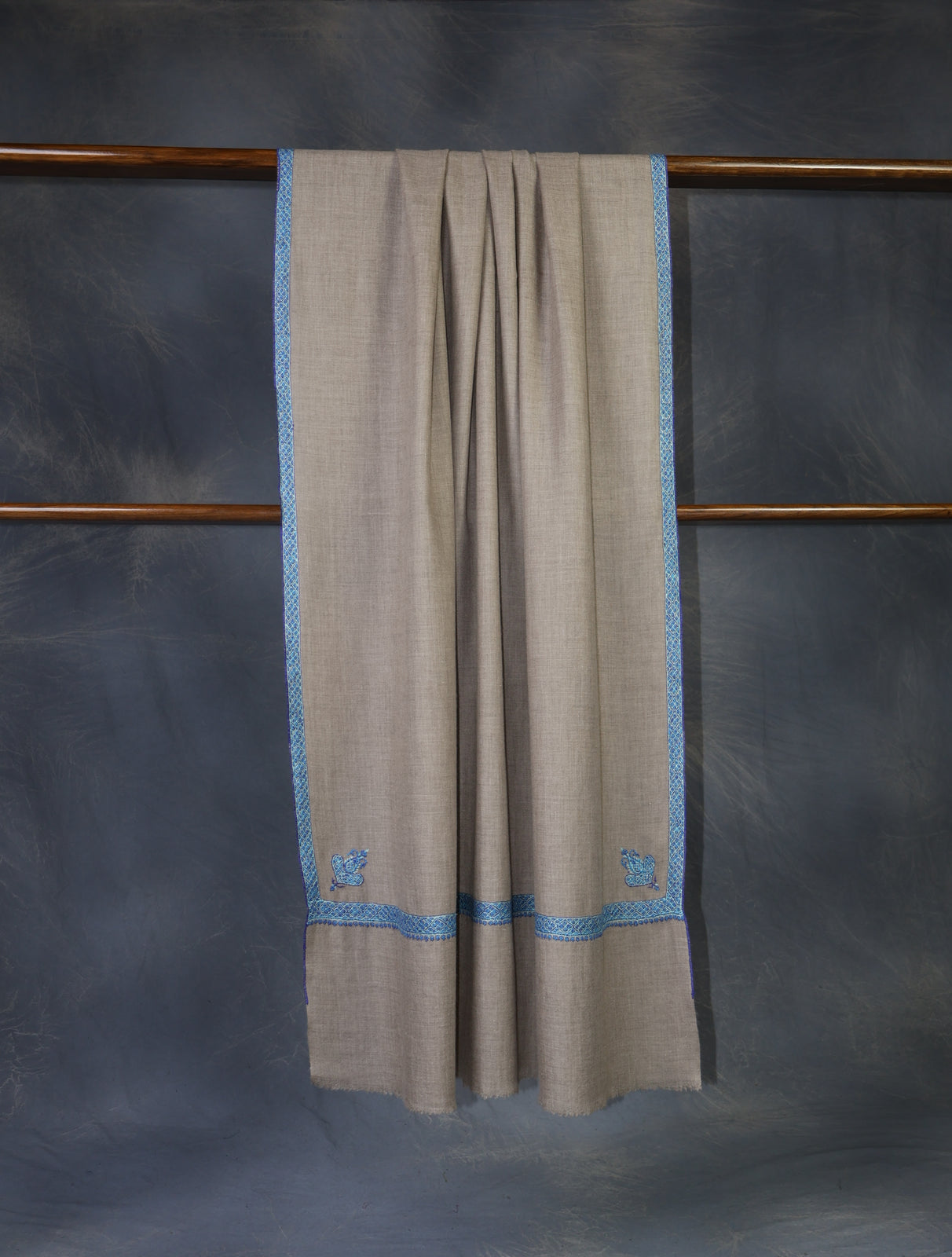 Natural Base Blue Border Embroidery Cashmere Pashmina Shawl