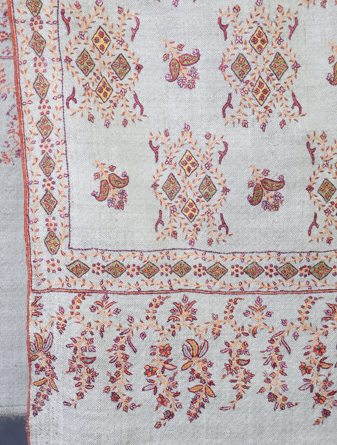Grey Jali Embroidery Cashmere Pashmina Shawl