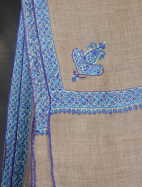Natural Base Blue Border Embroidery Cashmere Pashmina Shawl