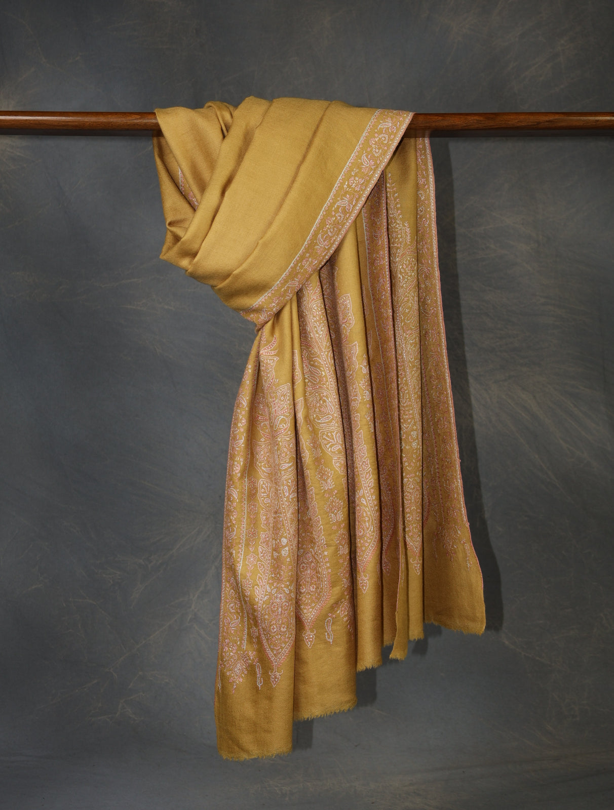 Mustard Big Border Embroidery Cashmere Pashmina Shawl