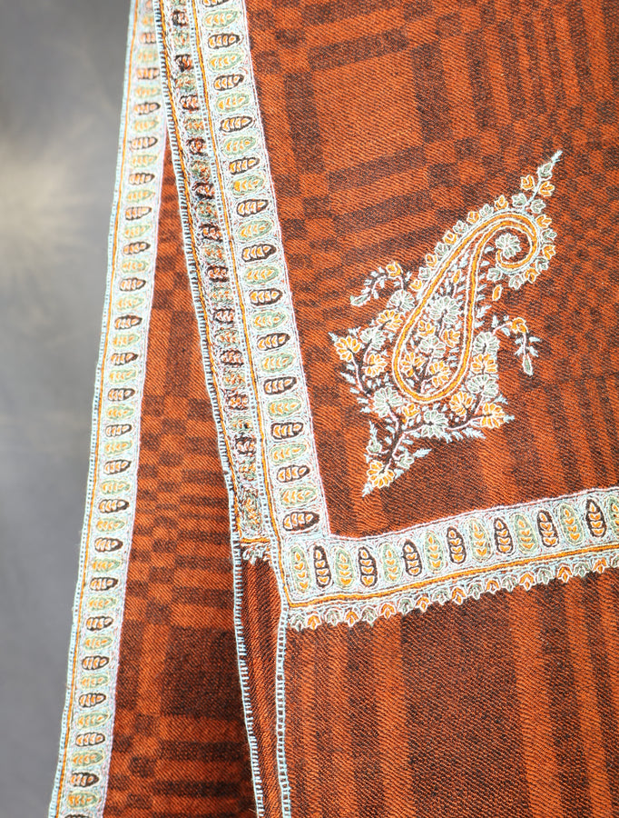 Rust Ikkat Base Small Border Embroidery Cashmere Pashmina Shawl