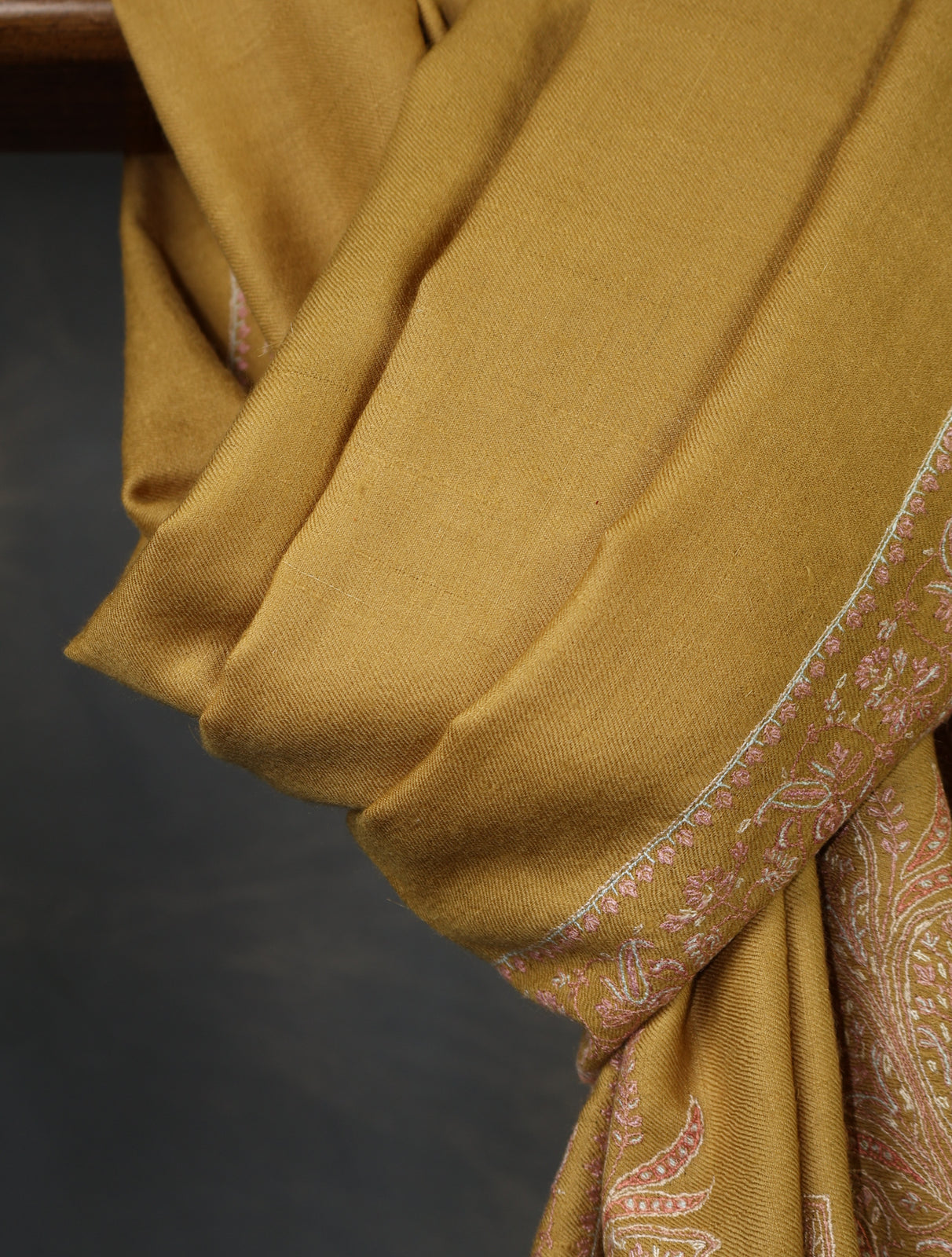 Mustard Big Border Embroidery Cashmere Pashmina Shawl