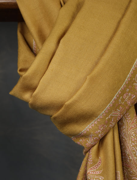 Mustard Big Border Embroidery Cashmere Pashmina Shawl
