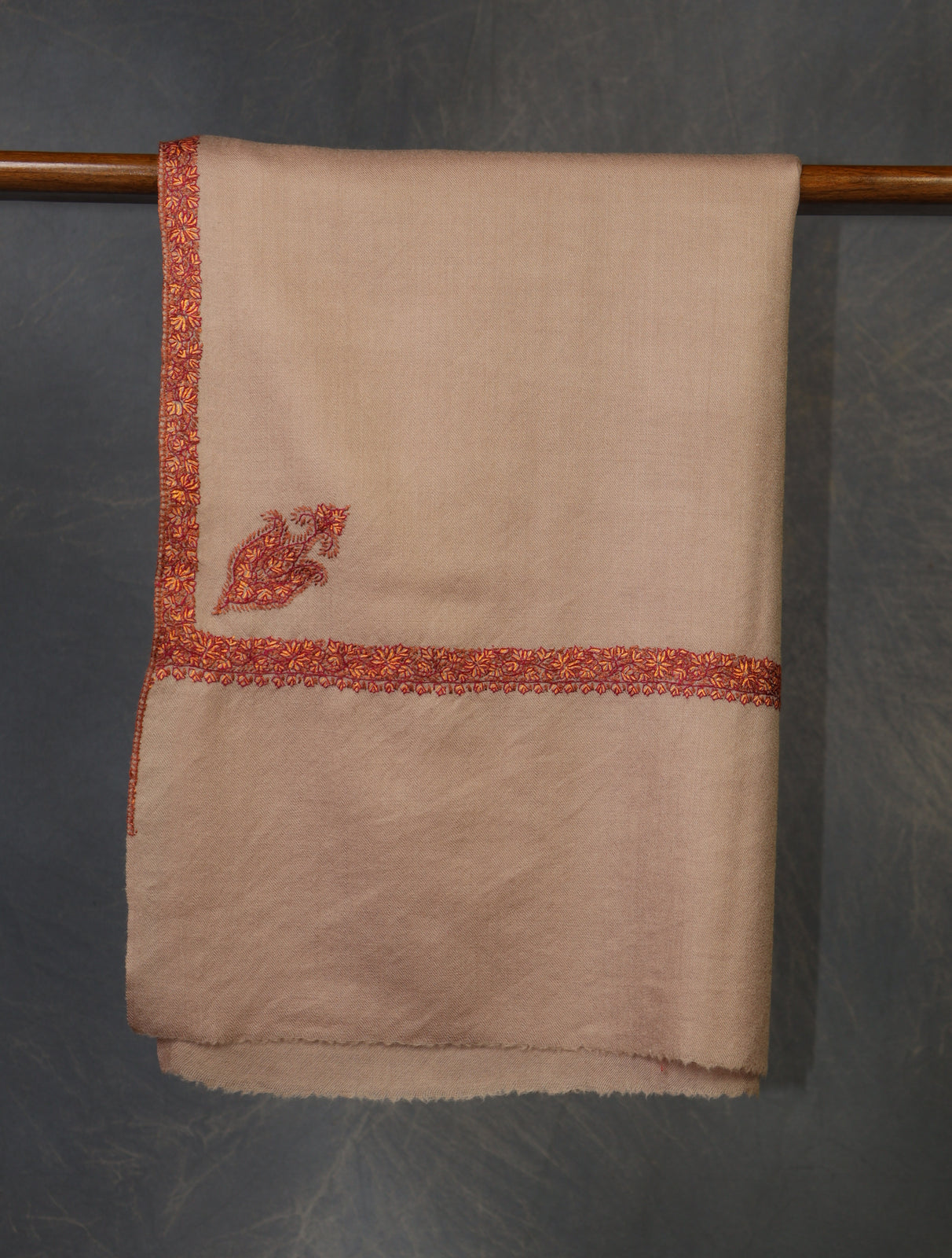 Light Natural Base with Maroon Border Embroidery Merino Shawl