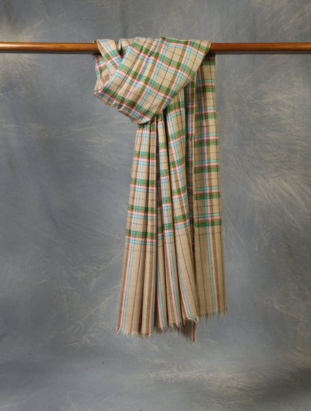 Beige and Pink Plaid Pure Cashmere Pashmina Shawl– Handwoven Luxury