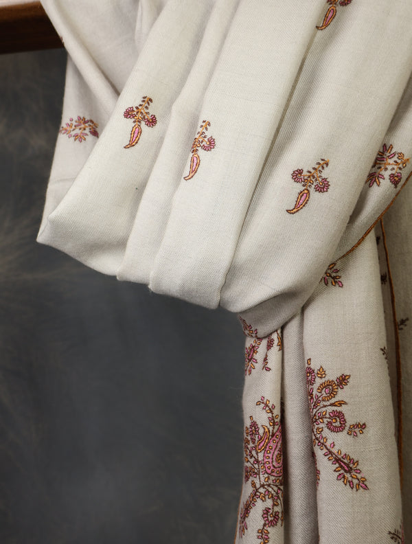 Grey Base Jali Embroidery Cashmere Pashmina Shawl – detail view
