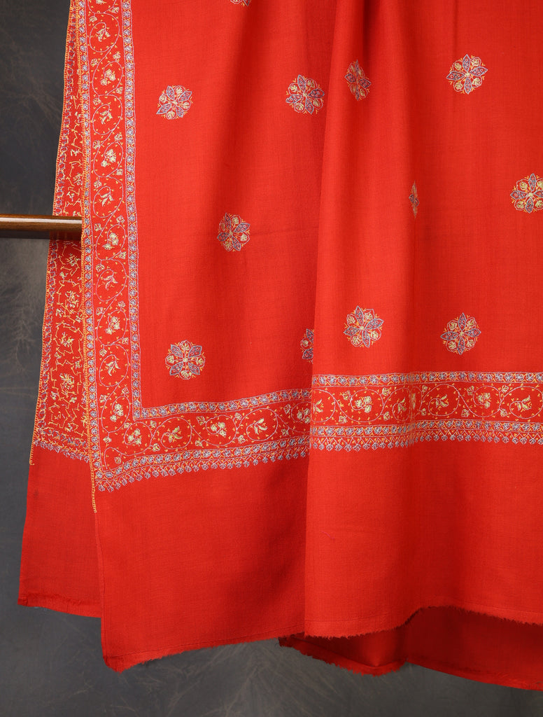 Red Base Buteh Motif Emboidery Merino wool Shawl