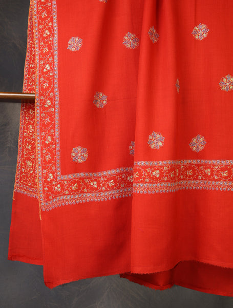 Red Base Buteh Motif Emboidery Merino wool Shawl